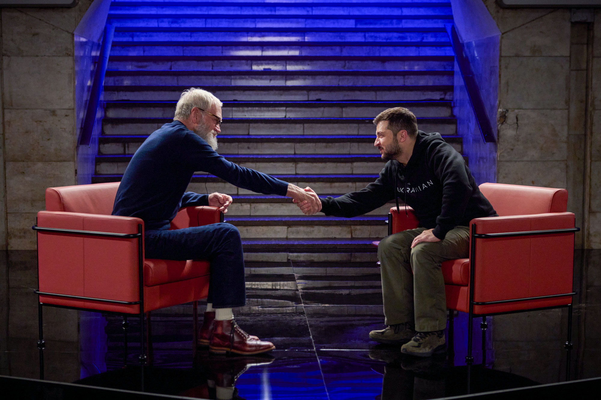 Foto på David Letterman och Zelenskyj.