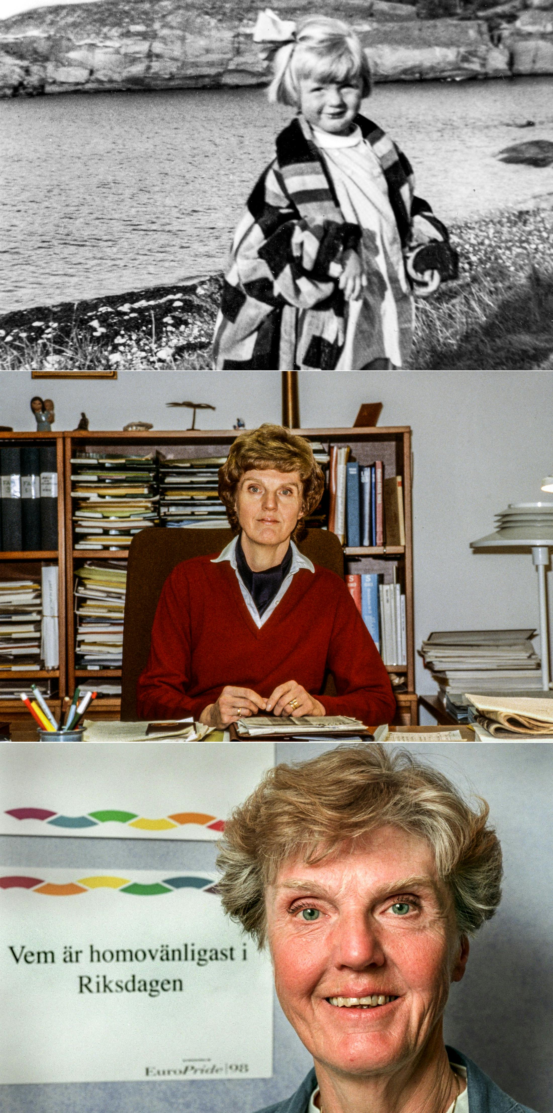 Tre bilder på Barbro Westerholm: Landsort, 1936 / Socialstyrelsen, 1984 / "Homovänligast i riksdagen", 1998.
