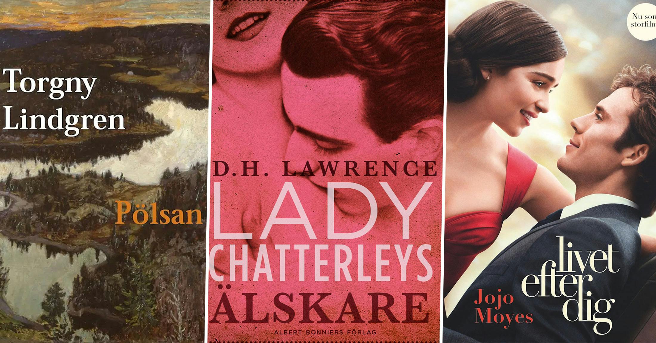Foto på böckerna "Lady Chatterleys älskare", "Pölsan" och "Livet efter dig".